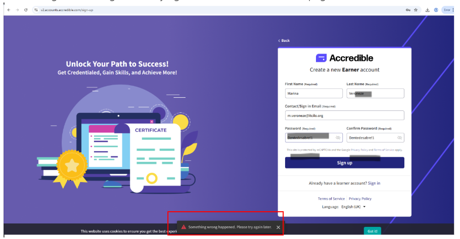 Screenshot of an Accredible sign-up page with an error message saying, “Something wrong happened.