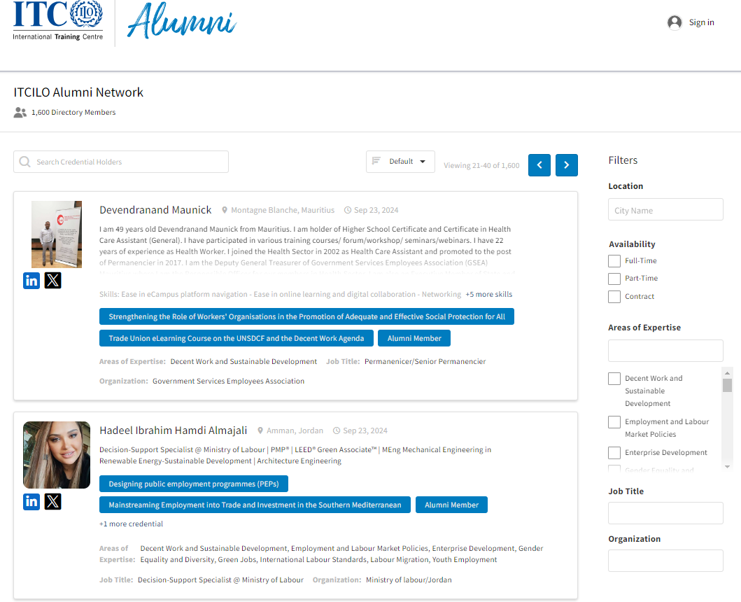 A screenshot from the alumni network