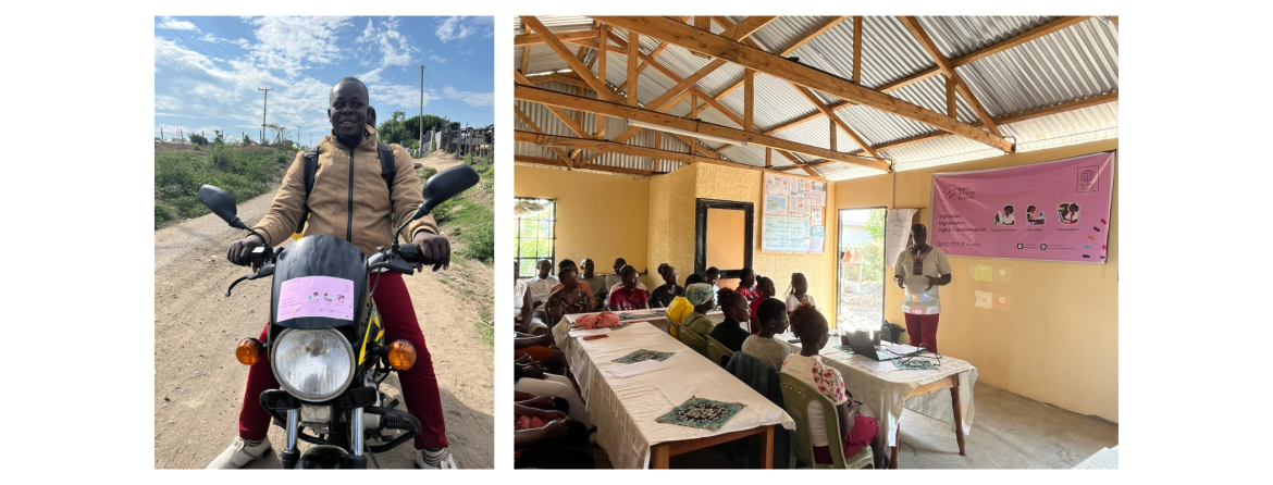 Ouma Gordon, WIDB lead trainer, on his hour-long commute to Kaswanga in western Kenya (left), and conducting a training session with women from the village (right).