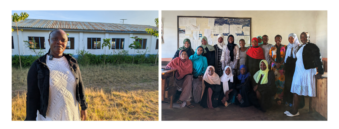 Joan Wafula, WIDB lead trainer and high-school teacher, outside Shimoni Secondary School (left), and with the young girls she mentors through the WIDB programme (right).