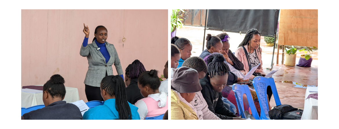 Fidelis Wangithi, a WIDB lead trainer, conducting a training session in the informal settlement of Koma Rock, Nairobi (left), while participants engage in the session (right).