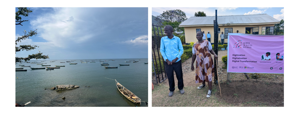 A view of Lake Victoria from Rusinga Island (left) and the entrance to the local cooperative, with the President of the co-op and the poster for the WIDB training initiative (right).